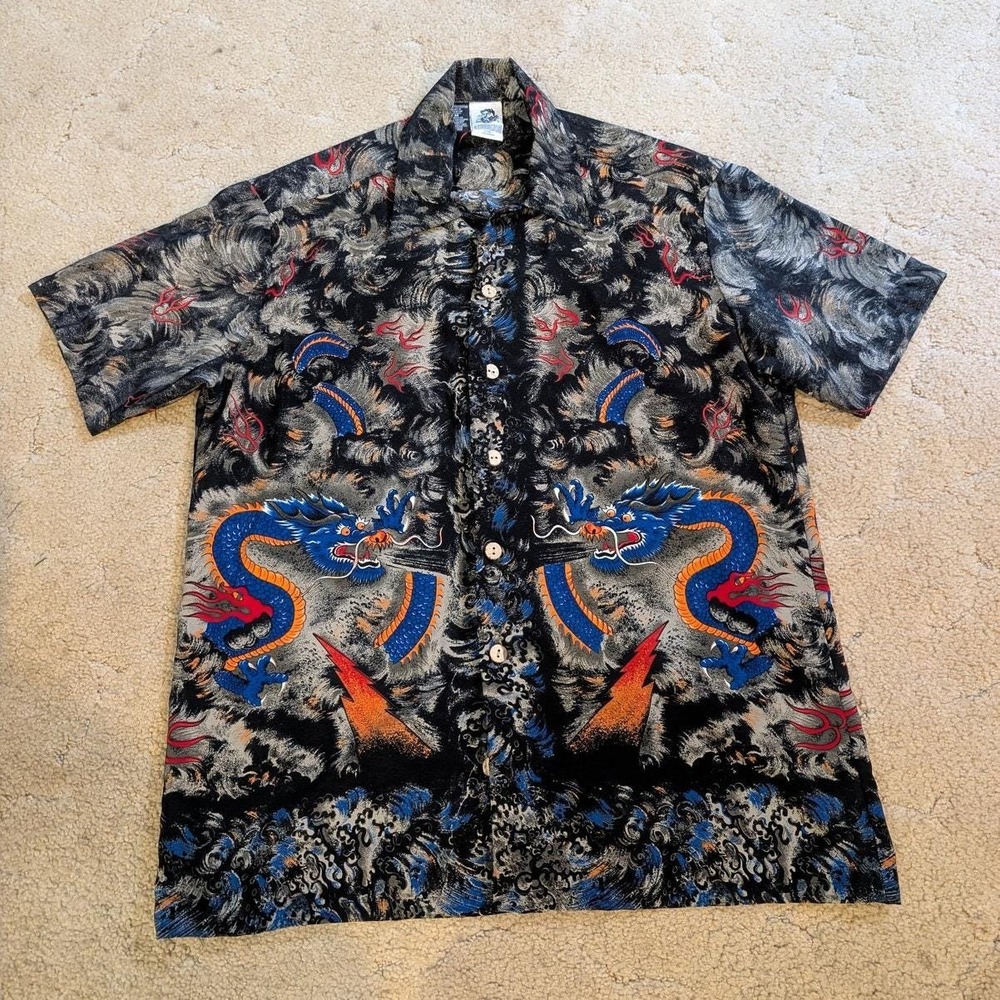 VTG Kennington Dragon Men's Medium Button Up Shirt Martial Arts Flames Fire Y2K